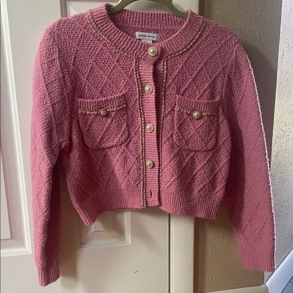 Urban Revivo Pink Pearl-Button Knit Cardigan